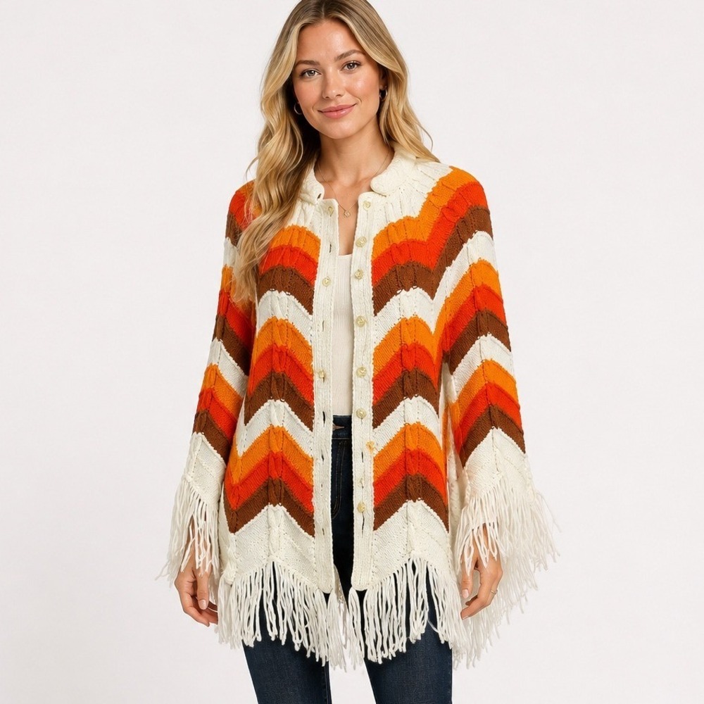 70's Groovy Knit Shawl Poncho Button Wrap Zig Zag Chevron Pattern Fringe Size S